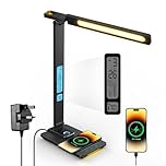 LAOPAO LED Desk Lamp with Wireless Charger - USB Charging Port, Touch Sliding Dimmable Auto Timer Table Lamp with Night Light, Desk Lights with Clock for Study Reading Home Office （Black）