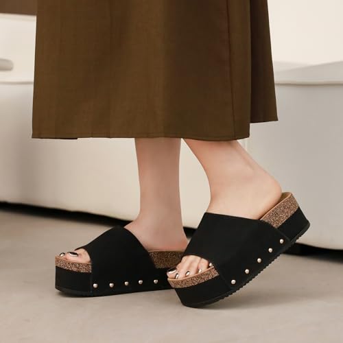 Suede Platform Sandals Women, Cork Footbed Espadrille Wedge Lady, Open Toe Chunky Mules, Summer Beach Slip On Shoes, Casual Comfort Slippers, Outdoor Footwear Slides4