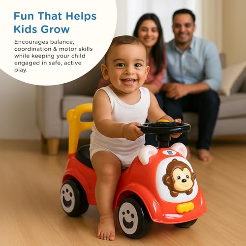 Image of Mee Mee Safari Cruze Ride on for Kids with Light Button,Music & Horn Steering, Push Car for Baby with Backrest, Safety Guard, Under Seat Storage & Big Wheels, Ride on for 1-3 Yrs Upto 25 Kgs (Red)