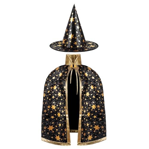 AYBUY Capa de Mago de Halloween para Ninos, Capa de Mago con Sombrero Fiesta Disfraz, Capa de Mago con Sombrer, Capa y Sombrero Mago Niño, para Halloween, Cosplay, Carnaval, Negro