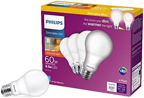 Philips LED Dimmable A19 Light Bulb with Warm Glow Effect 800-Lumen, 2200-2700 Kelvin, 9.5-Watt (60-Watt Equivalent), E26 Base, Frosted, Soft White, 4-Pack