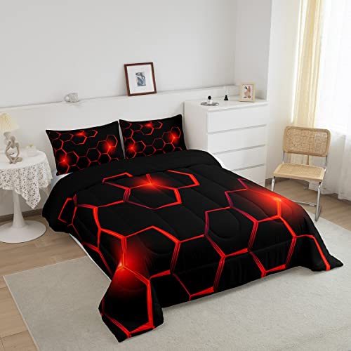 Honeycomb Kids Comforter Set Ice Sports Games Bedding Set For Boys Children Teens Bedroom Decor Geometrical Comforter Beehive Geometric Black Red Duvet Set Twin Size With 1 Pillow Case #TOP1