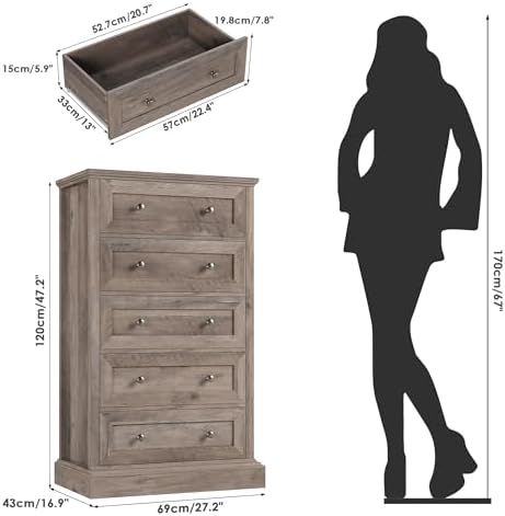 FACBOTALL 5 Drawer Dresser, 47.2'' Tall Dresser with 5 Drawers, Chest of Drawers Cabinet for Hallway Living Room, Wash Gray