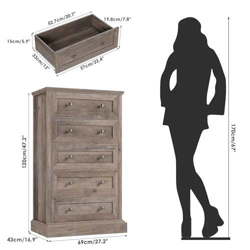 FACBOTALL 5 Drawer Dresser, 47.2'' Tall Dresser with 5 Drawers, Chest of Drawers Cabinet for Hallway Living Room, Wash Gray