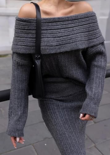 Image of Unybwonn Skirt Sets Women 2 Piece Outfits off the Shoulder Sweater and Knitted Skinny Maxi Skirts Fall Casual Outfits