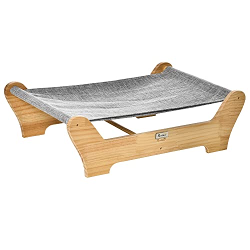 PawHut Katzenbett mit Gestell Hängematte für Katzen erhöhtes Katzennest mit weichem Kissen Kiefernholz Natur 68 x 43 x 20 cm