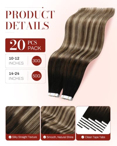 Image of Moresoo Black Brown Tape in Hair Extensions Human Hair 14in 20Pcs 50g | Invisible tape in hair extensions, dark brown mids, caramel blonde highlights, skin weft tabs, blowout and weekend looks
