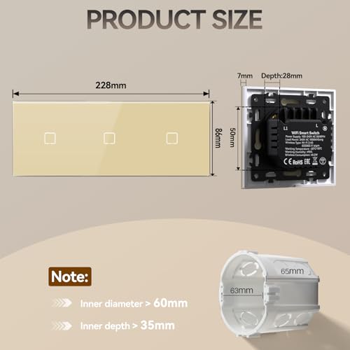 BSEED Smart Touch Lichtschalter,Glas Schalter Unterputz,Wandlichtschalter mit LED Hintergrundbeleuchtung,Neu E-Serie,16A 250V,1 Fach 1 Weg,228mm Gold