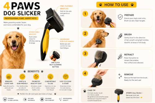 Image of 4PAWS Self-Cleaning Slicker Brush for Dogs & Puppies - Small Size Grooming Tool with Auto-Clean Button - Removes Loose Hair, Tangles & Undercoat - Ideal for All Breeds