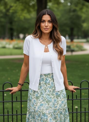Image of GRACE KARIN Women Short Sleeve Cardigan, 2026 Summer Knitted Sweater Tops, Basic Crew Neck Crop Outfits