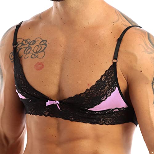 Men's Sissy Satin Lace Trim Lingerie Set Wireless Bra Top Mini Crossdress Thong Nightwear4