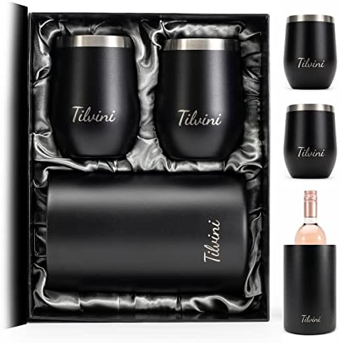 Insulated Wine Chiller Bucket & Wine Tumblers Silk Gift Box Set. Portable Bottle Cooler With Wine Cups. Entertaining Essentials Kitchen Wine Gift For Couples. 12oz Metal Stemless Wine Glass With Lid