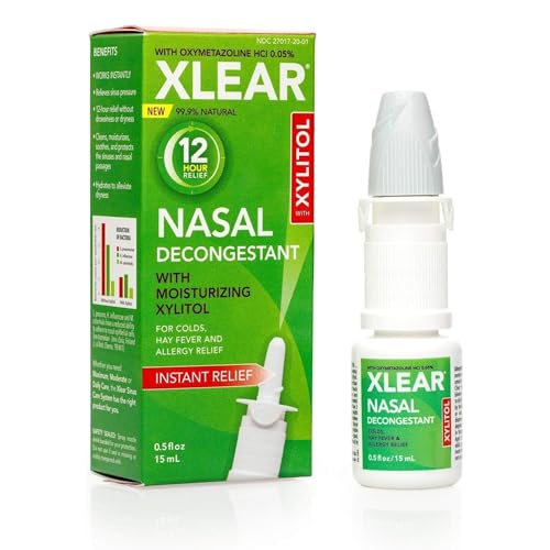 Xlear 12-Hour Nasal Decongestant Spray Natural Saline Nasal Spray with Xylitol and Oxymetazoline Instant Sinus Pressure and Congestion Relief for Kids and Adults 0.5 fl oz (Pack of 1)