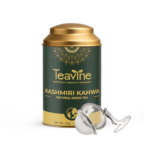 Image of TEAVINE Kashmiri Kahwa Green Tea 60g | Traditional Saffron, Almond & Cardamom Wellness Tea | Supports Digestion & Detox | 100% Natural Ingredients | Free SS Infuser