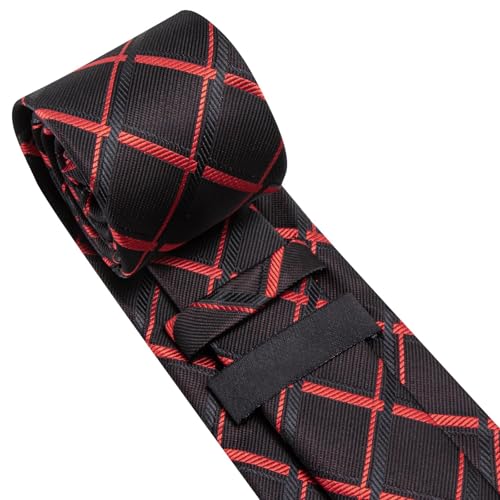 Image of Dubulle Mens Black Red Checks Tie and Lapel Pin Striped Floral Necktie for Men Pocket Square Cufflinks Wedding Party
