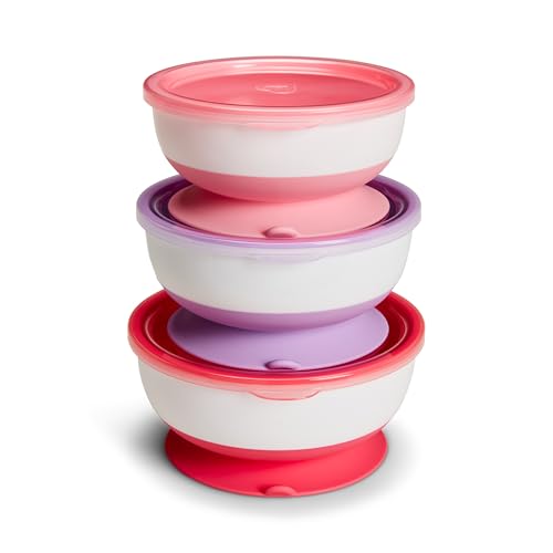Image of Munchkin Stay Put Suction Baby Bowls with Lids - Dishes for Babies and Toddlers, Self-Feeding Bowl Set for Kids 6+ Months, Pink /Purple, 3 Count 3 sizes: small, medium, large (Pack of 6)