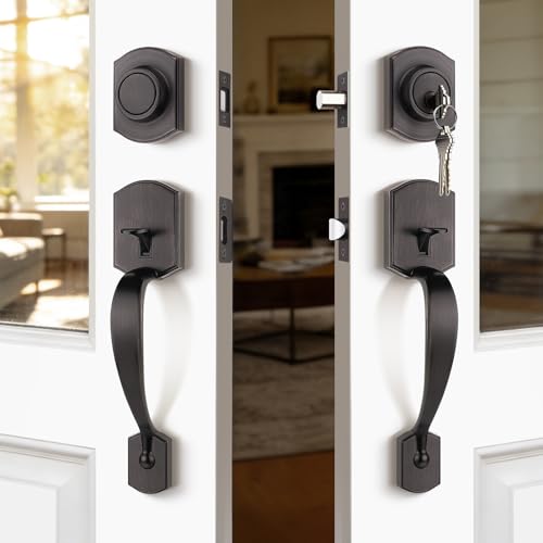 Probrico Double Door Handle Set with Keyed Deadbolt Reversible Keyed Lockset and Dummy Handleset Heavy Duty Zinc Alloy Oil Rubbed Bronze 1Pack