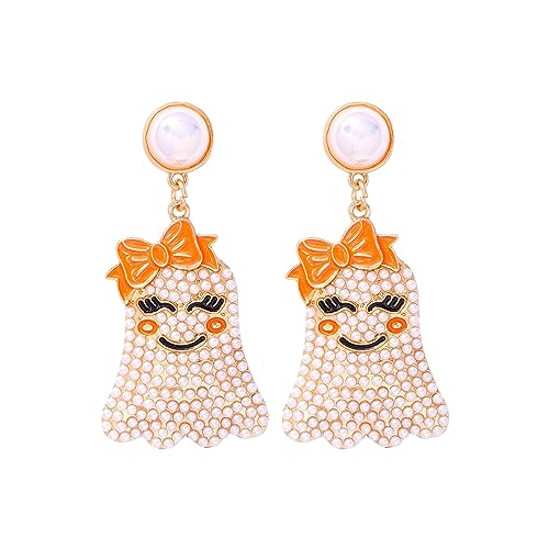 Handmade Spooky Halloween Pearl Drop Dangle Earrings - Pumpkin Ghost Themed Party Jewelry