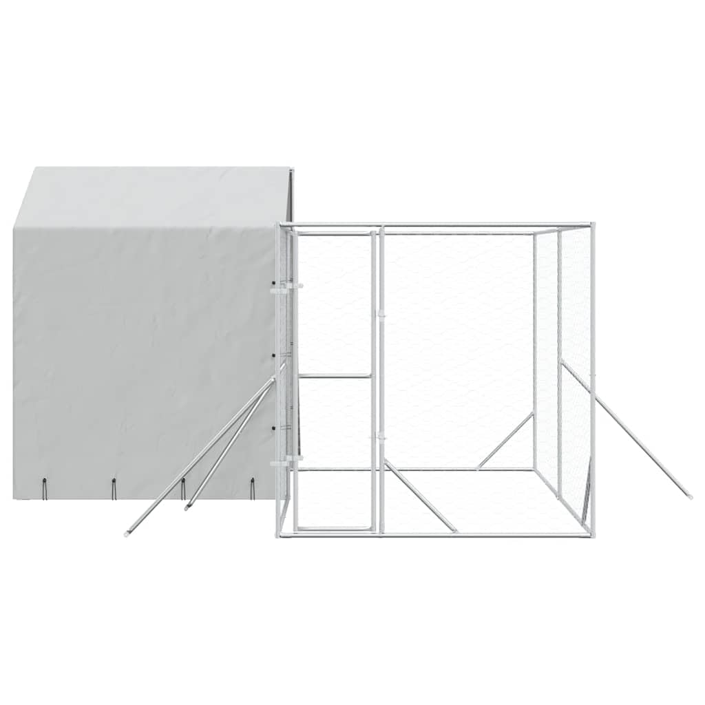 Perrera para perros con techo plateado de acero galvanizado, 4 x 4 x 2,5 m, resistente a la intemperie, con puerta con cierre, adecuado como caño para cachorros, parque libre para jardín y