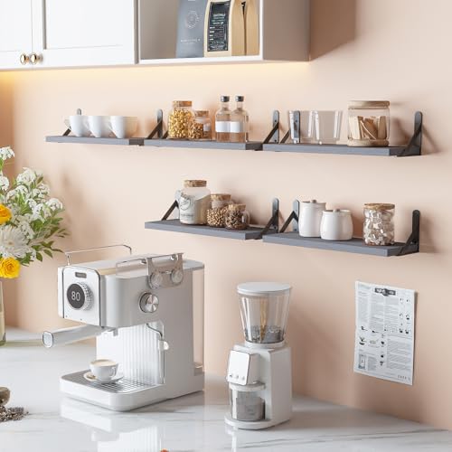 Image of YGEOMER 16.5 Inch Floating Shelves for Wall, Farmhouse Wall Shelves for Bedroom, Bathroom Storage, Living Room and Kitchen Decor (Set of 6 Grey)