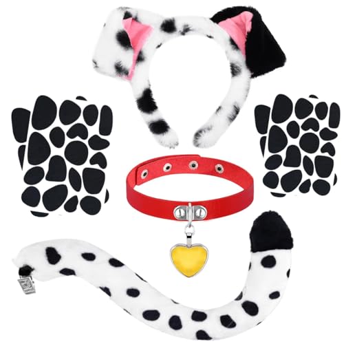Dalmatian Dog Costume Accessories Set Include Dalmatian Dog Ears Headband Red Heart Choker Sticks Puppy Dog Tail for World Book Cosplay Party Supplies (Style2)