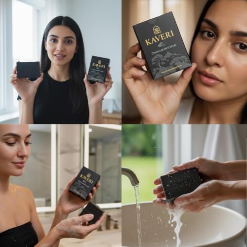 Image of KAVERI Activated Charcoal & Mint Handmade Soap Bar - Cold-Processed Deep-Cleansing Bar, SLS-Free - Pack of 3 Combo (3 x 110g)