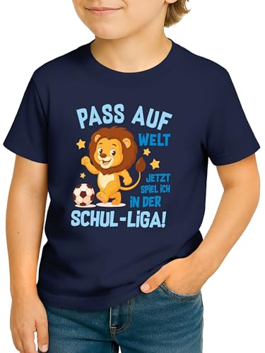 SpecialMe® Kinder Jungen T-Shirt Einschulung Schulkind Fußball Spruch Löwe Fuchs 1. Klasse Geschenkidee Schulanfang Navy 98-104 (3-4 Jahre)