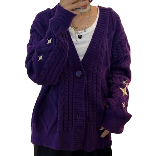 Women's Cardigan Long Sleeve V Neck Open Front Knitted Star Embroidery Button Down Jumper Knitwear Purple（XL）