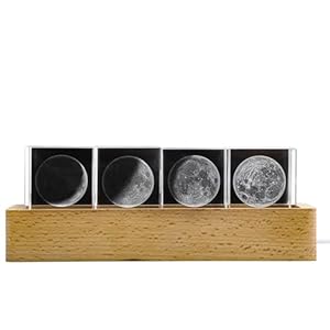 3D Crystal Moon Phase Night Light for Kids Moon Phase Figurine with Wooden Base Warm Light Lamp Decor for Home Mother’s Day Gifts