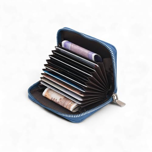 Image of VEMILIO Vegan Leather Zipper Wallet for Men & Women | 9 Card Slots | 2 Cash Compartments | Stylish Slim Credit Card Holder Purse | Travel Friendly Compact Wallet Gift for Boys Girls (Blue)