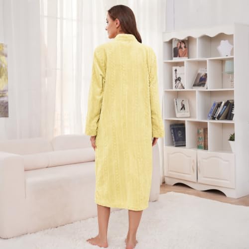 Image of LYCY Women Plush Zipper Robe Long Warm Fleece House Coat Nightgown | Comfy Solid Bathrobe with Pockets, Anti-Static Design Robes, Relaxed Fit for Every Body