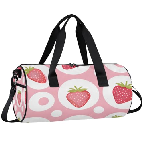 Fruit Strawberries Round Barrel Sports Fitness Bag, Travel Luggage Bag, Reusable Handbag, Suitable For Men and Women