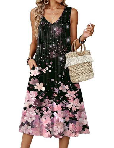Image of Zeagoo Women Summer Casual Dresses 2026 Sleeveless Midi Pleated Tank Sundress with Pockets V Neck A Line Swing Tshirt Dress