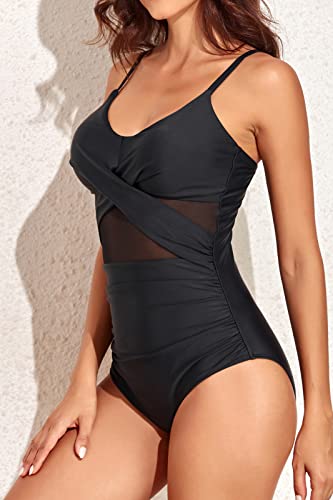 Smismivo Tummy Control Swimsuits For Women One Piece Bathing Suit Wrapped Mesh Slimming Ruched Swim Suit Padded Push Up V Neck Swimwear Design For Swimming Pool (Black) #TOP4