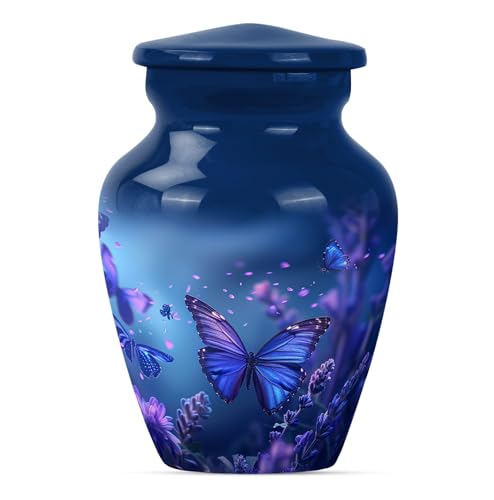 Image of Aluminum Butterfly Urn - Blue - Butterfly with Flowers Pattern - Keepsake 4pc Set - 3 Inch Capacity - Polished Finish - Decorative Urn for Adult Human Ashes
