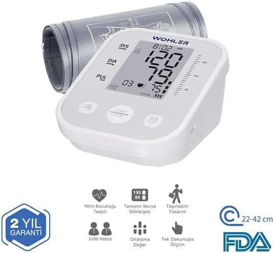 Wohler Digital Blood Pressure Monitor with icons indicating 2-year warranty, irregular heartbeat detection, blood pressure level indicator, portable design, 2x99 memory, average value, one-touch measurement, and cuff size.