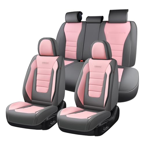 Image of Coverado Car Seat Covers Full Set, Nappa Leather Seat Covers for Cars, Car Seat Protector Car Seat Cushion, Front and Back Seat Protectors Cushions Universal Fit for Most Cars Vehicles(Gray&Pink)