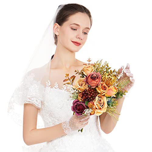 Hesomed Fall Artificial Flower Decoration, Lifelike Fake Silk Rose Bouquet With Faux Greenery,Berries And Pincushion Flowers, Mixed Flowers Combo For Diy Wedding Arrangements Cake Party Home Decor #TOP4