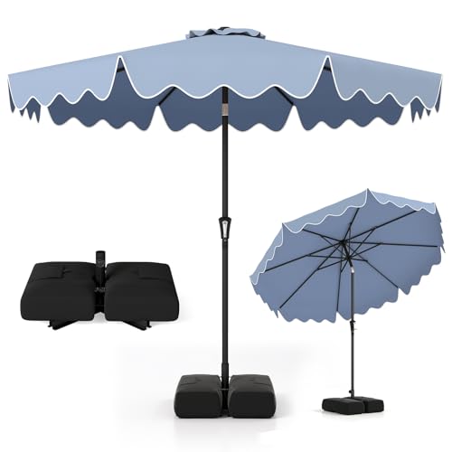 Tangkula 9 FT Patio Umbrella with Base Included 2-Tiers Outdoor Scalloped Table Umbrella with 2 Sandbags Tilt Adjustment Crank 8 Ribs for Market Backyard Pool Deck Beach Lawn