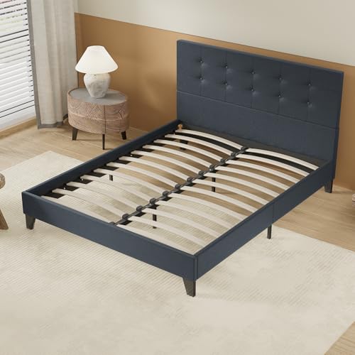 NOVEMBER- Lit Double Couchage - sommier & Tête de lit capitonnée - 140 x 190cm - Revêtement synthétique Noir - Stable et Robuste avec Pieds centraux de...