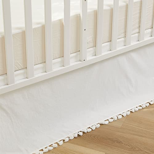 Image of Brandream Boho Bohemian Girl Boy Baby Nursery Crib Bed Skirt Dust Ruffle - Neutral Solid Color Cream Off White Farmhouse Chic 100% Washed Cotton Minimalist Tassel Fringe Macrame