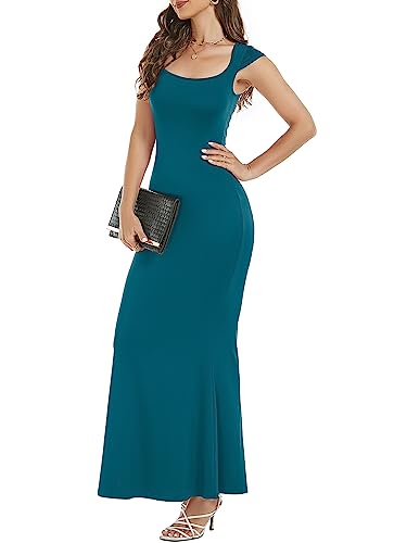Image of Womens Summer Cap Sleeve Square Neck Elegant Casual Lounge Bodycon Slim Maxi Evening Party Long Dress