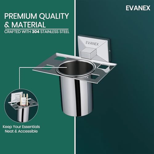 Image of EVANEX Wall-Mounted Tooth Brush Holder, 304 Grade Stainless Steel Tumbler Stand, Bathroom Organizer with Glossy & Chrome Finish Stand with Removable Cup (Vento)