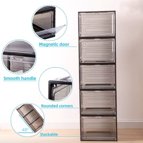 ZLLZUU Shoe Organizer Shoe Storage Boxes, 6 Pack Large Drop Front Shoe Boxes with Magnetic Door, Clear Plastic Stackable Shoe Containers (Black) - Thumbnail 5