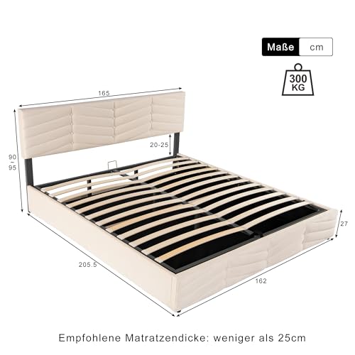 Merax Polsterbett 160x200cm mit Lattenrost und Verstellbares Kopfteil, Doppelbett mit Stauraum, Hydraulisches Funktionsbett für Erwachsene & Jugend, Samtstoff, Beige (Ohne Matratze) – Bild 3