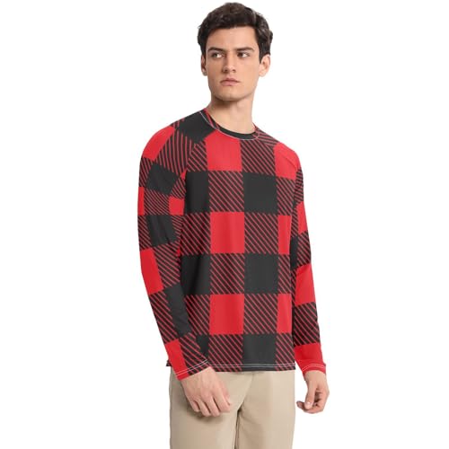 Red Black Plaid Men's UPF 50+ Quick Drying Round Neck UV Protection Long Sleeve Hiking3