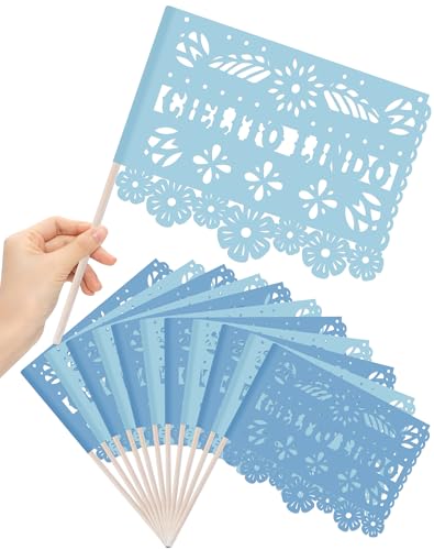 12 PCS Blue Papel Picado Handheld Flags – Cielito Lindo Baby Shower Party Decorations for Birthday,or Mexican Fiesta Table Centerpiece