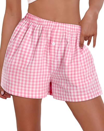 Image of Women Boxer Shorts Summer Gingham Pj Casual Plaid Bottoms with Pocket