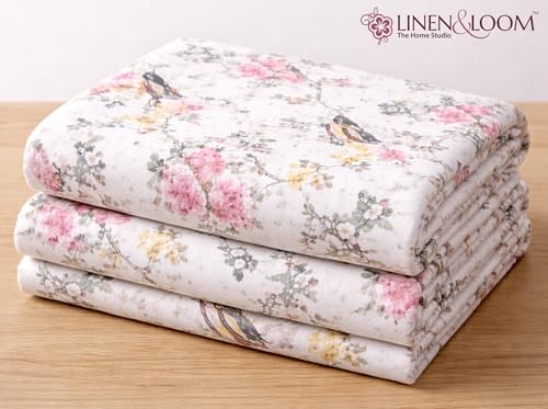 Image of Linen & Loom The Natural Collection - 100% Pure Cotton Single Bedsheet (60 x 90 Inches) with 1 Pillow Cover | 240 TC - Soft & Breathable Cotton Bed Sheet for Bedroom (Pink Blossom Aviary)