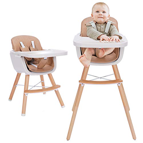 Image of 3-in-1 Convertible Wooden High Chair,Baby High Chair with Adjustable Legs & Dishwasher Safe Tray, Made of Sleek Hardwood & Premium Leatherette, Brown Color